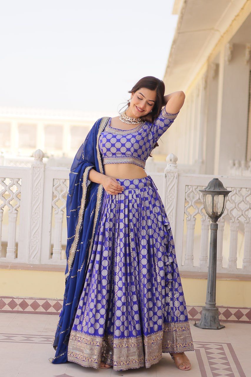 Lorenvalley Blue Pure Viscose Jacquard with Embroidered Sequins work Lehenga Choli | Grocsy