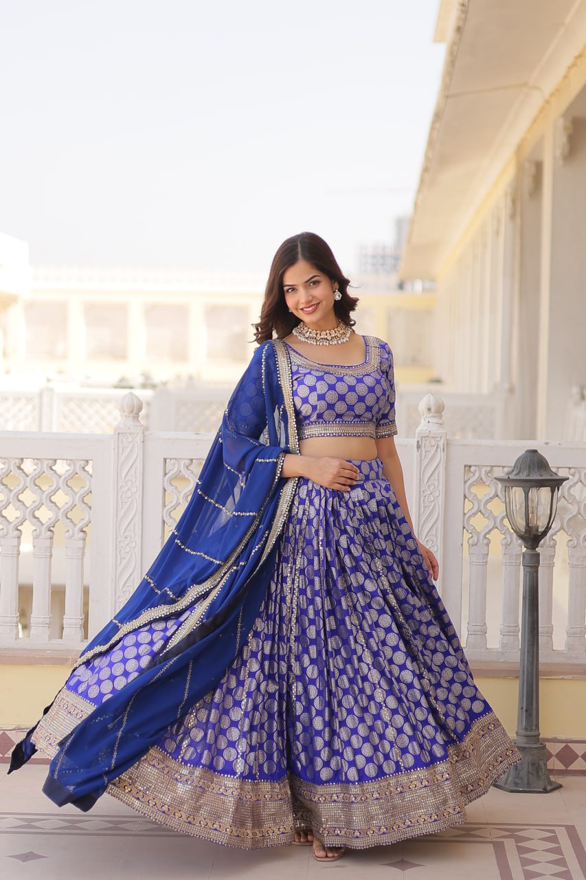 Lorenvalley Blue Pure Viscose Jacquard with Embroidered Sequins work Lehenga Choli | Grocsy