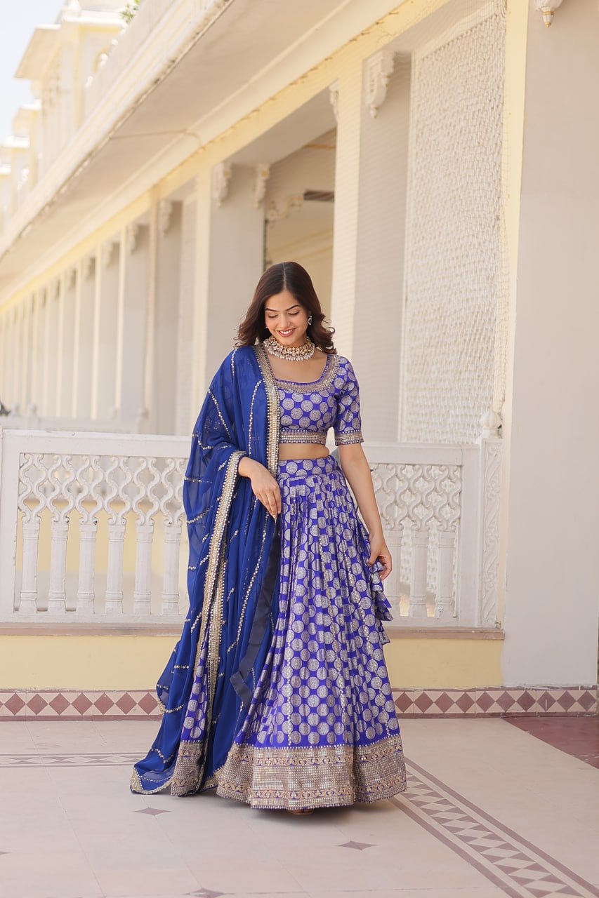 Lorenvalley Blue Pure Viscose Jacquard with Embroidered Sequins work Lehenga Choli | Grocsy