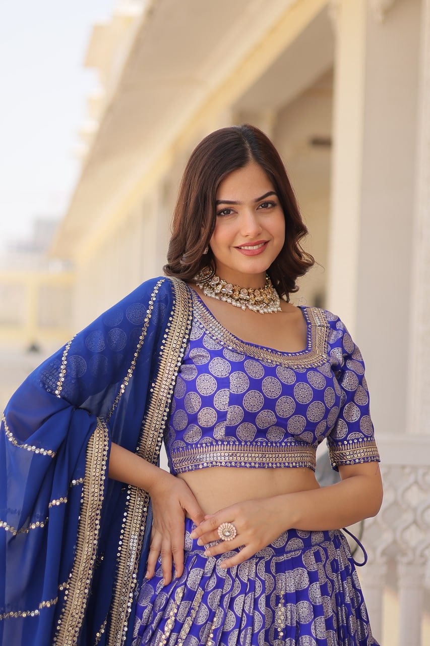 Lorenvalley Blue Pure Viscose Jacquard with Embroidered Sequins work Lehenga Choli | Grocsy