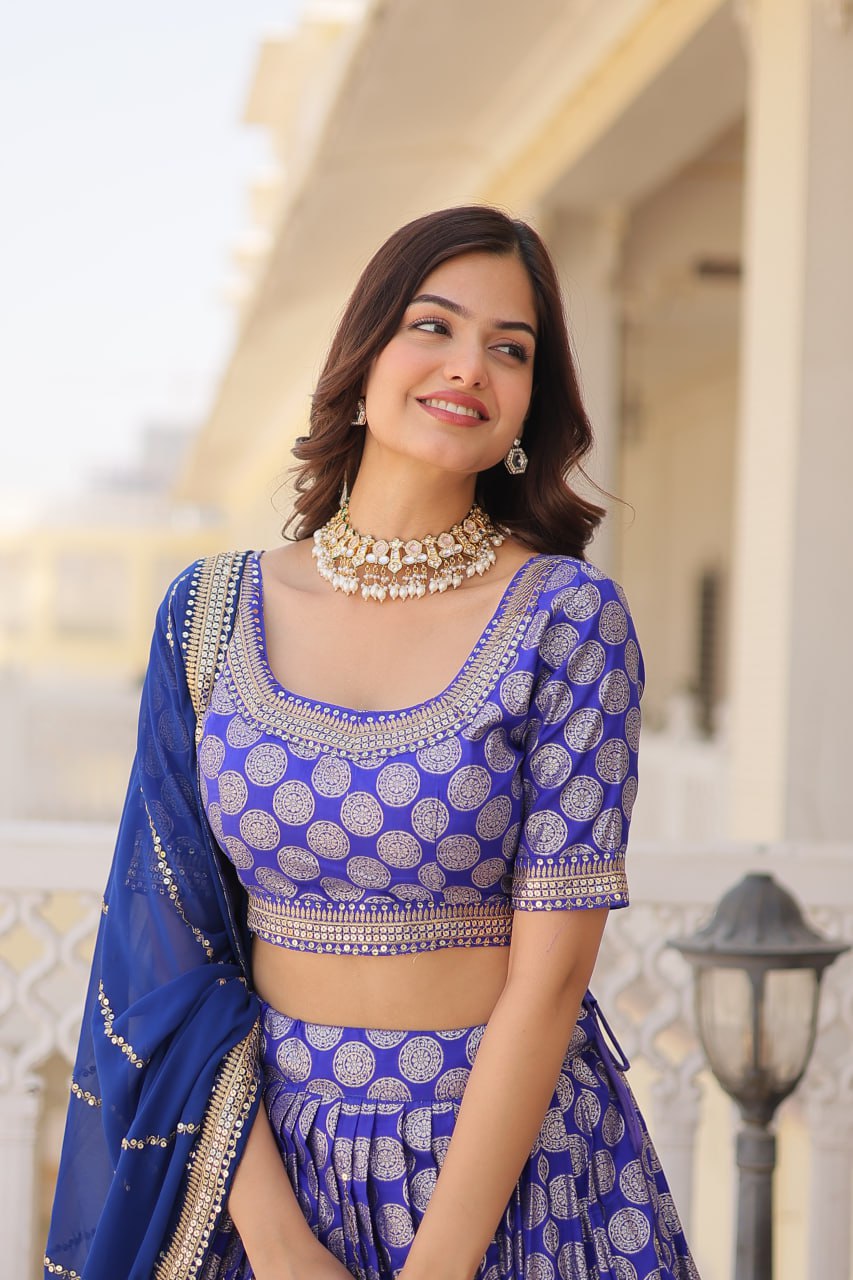 Lorenvalley Blue Pure Viscose Jacquard with Embroidered Sequins work Lehenga Choli | Grocsy