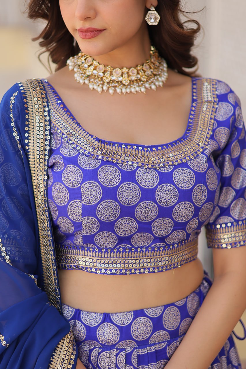 Lorenvalley Blue Pure Viscose Jacquard with Embroidered Sequins work Lehenga Choli | Grocsy