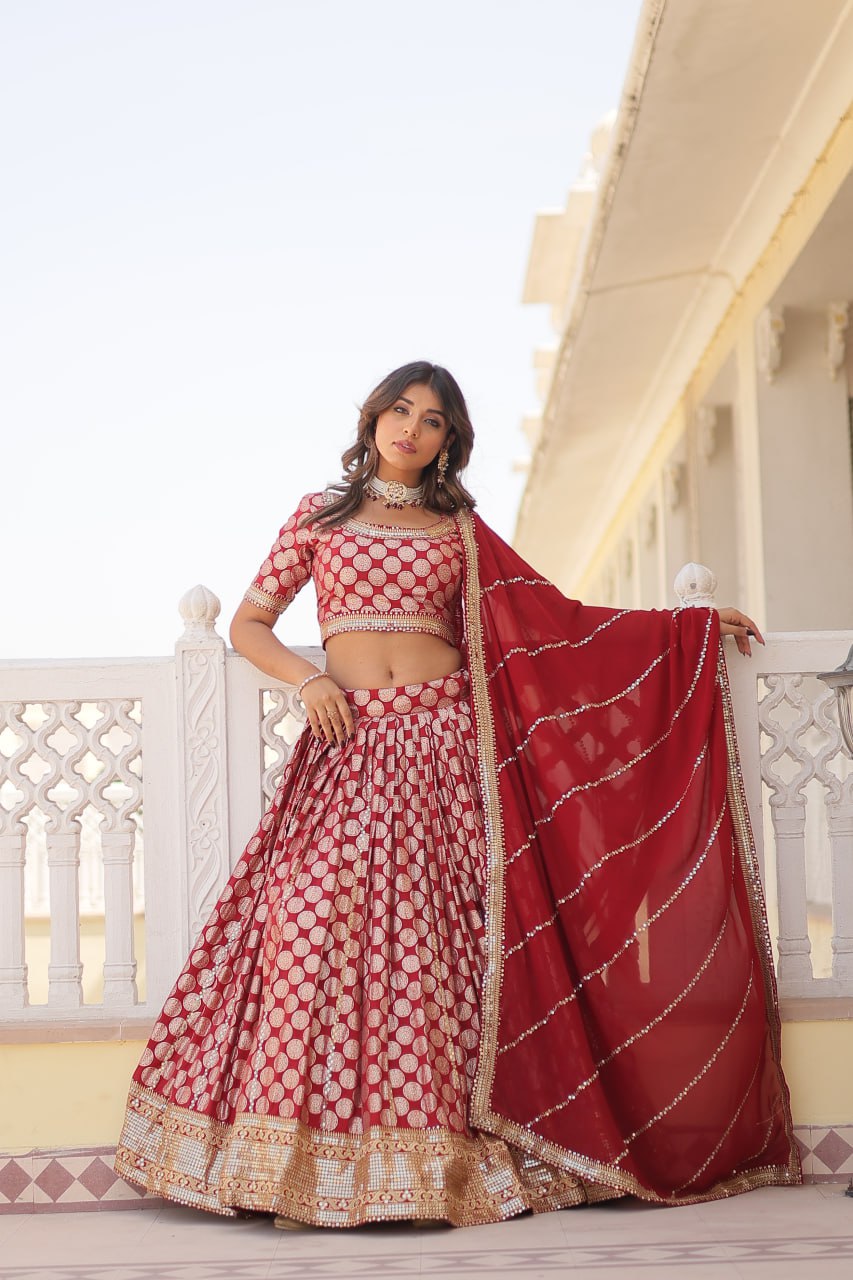 Lorenvalley Maroon Pure Viscose Jacquard with Embroidered Sequins work Lehenga Choli | Grocsy