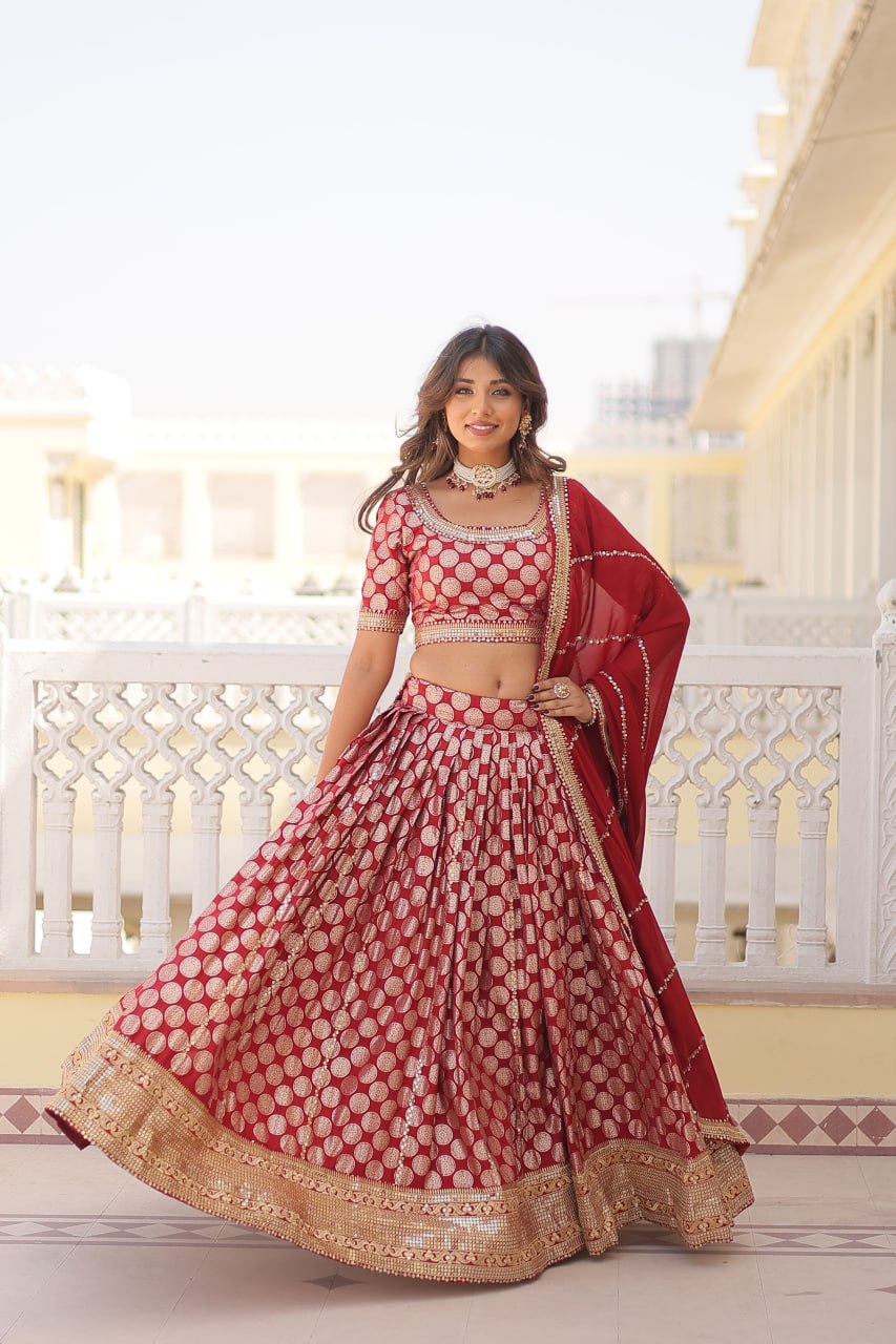 Lorenvalley Maroon Pure Viscose Jacquard with Embroidered Sequins work Lehenga Choli | Grocsy