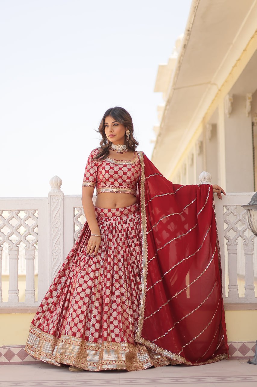 Lorenvalley Maroon Pure Viscose Jacquard with Embroidered Sequins work Lehenga Choli | Grocsy