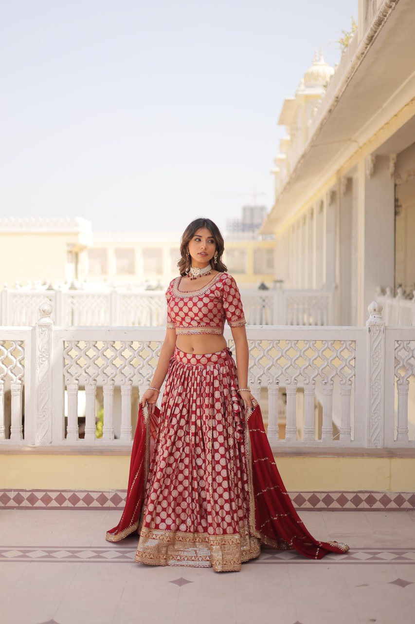 Lorenvalley Maroon Pure Viscose Jacquard with Embroidered Sequins work Lehenga Choli | Grocsy