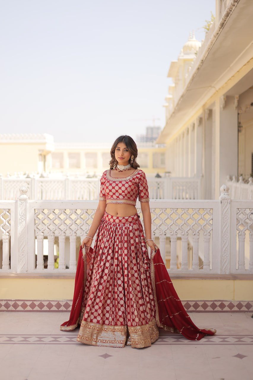 Lorenvalley Maroon Pure Viscose Jacquard with Embroidered Sequins work Lehenga Choli | Grocsy
