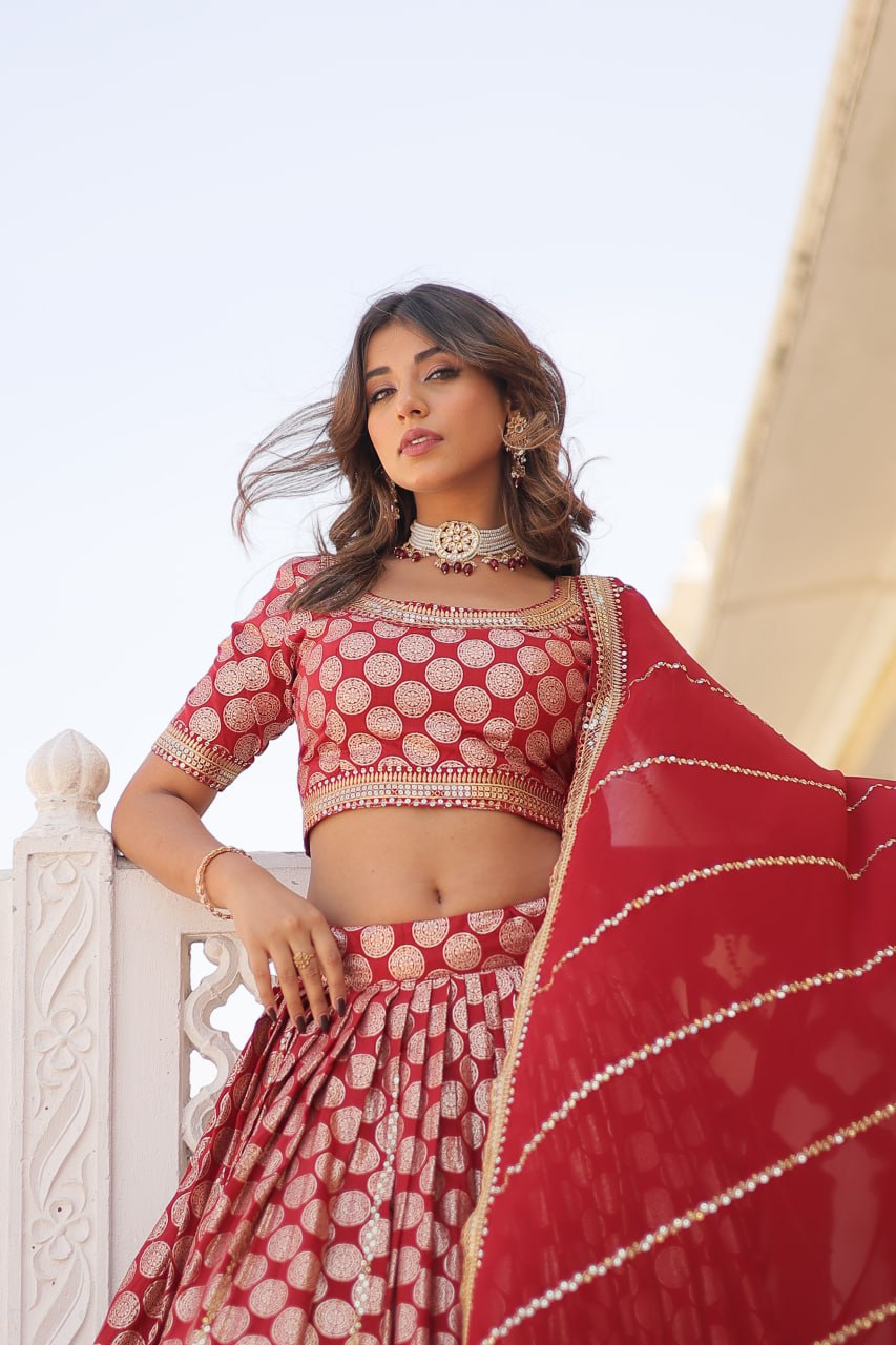 Lorenvalley Maroon Pure Viscose Jacquard with Embroidered Sequins work Lehenga Choli | Grocsy