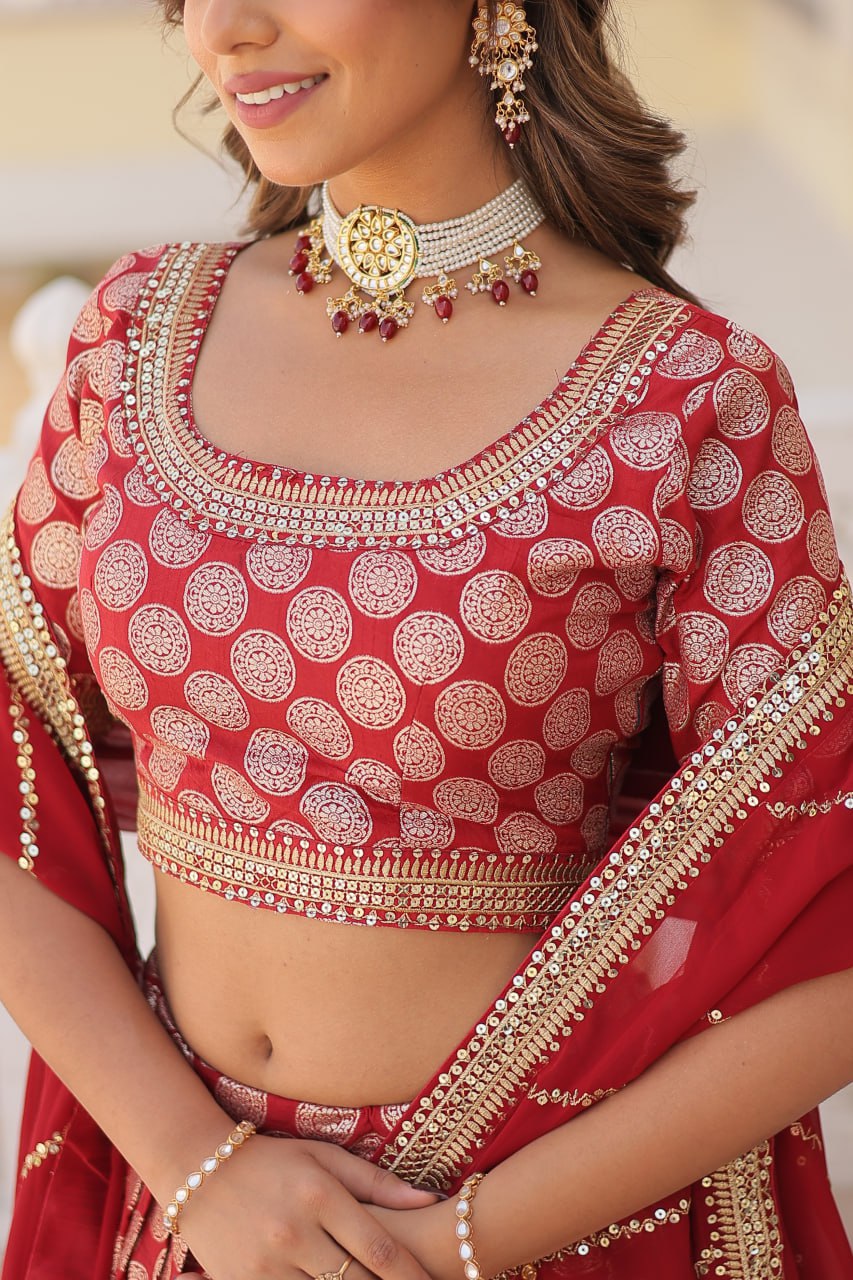 Lorenvalley Maroon Pure Viscose Jacquard with Embroidered Sequins work Lehenga Choli | Grocsy