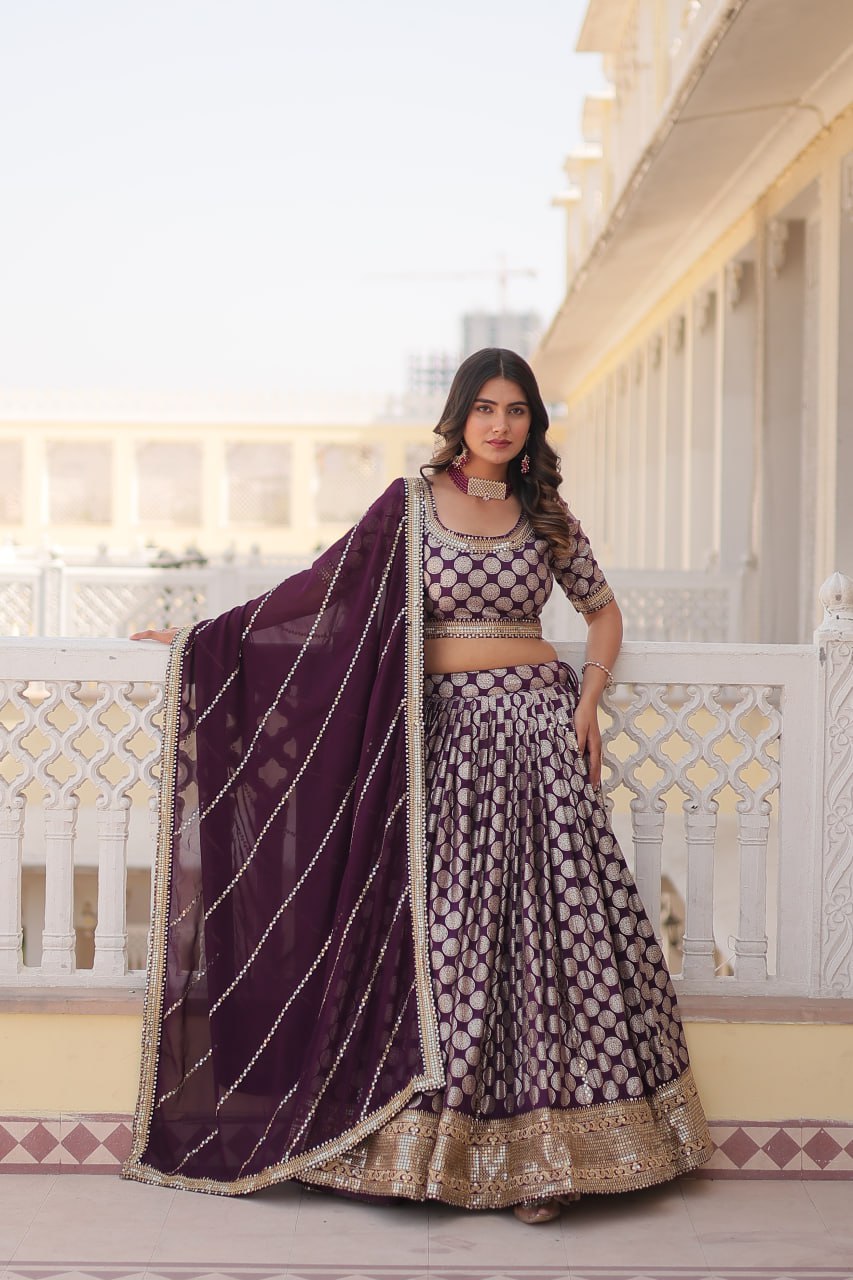 Lorenvalley Purple Pure Viscose Jacquard with Embroidered Sequins work Lehenga Choli | Grocsy
