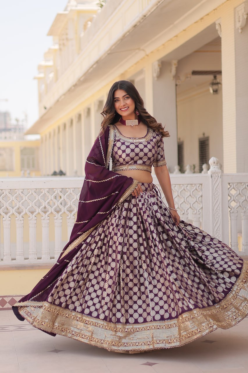Lorenvalley Purple Pure Viscose Jacquard with Embroidered Sequins work Lehenga Choli | Grocsy