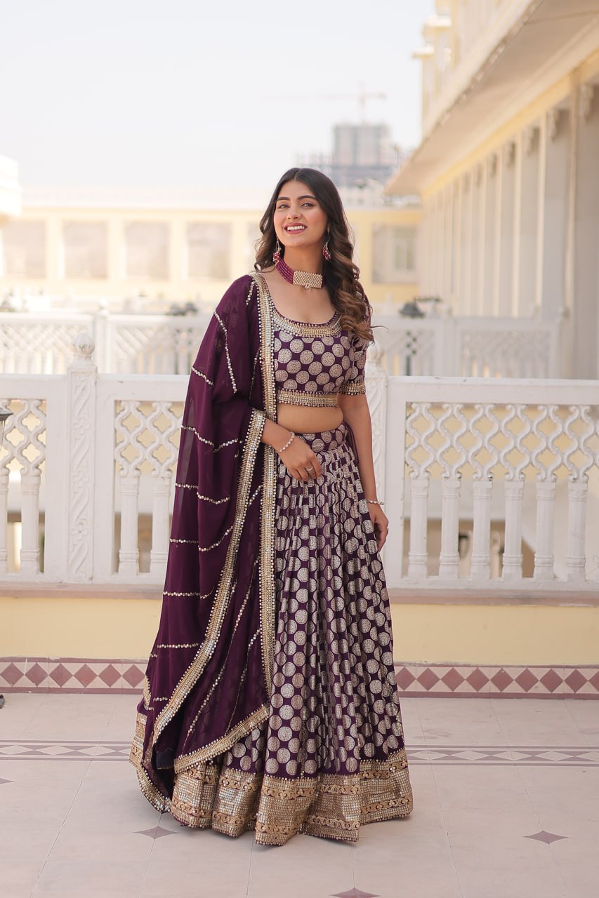 Lorenvalley Purple Pure Viscose Jacquard with Embroidered Sequins work Lehenga Choli | Grocsy