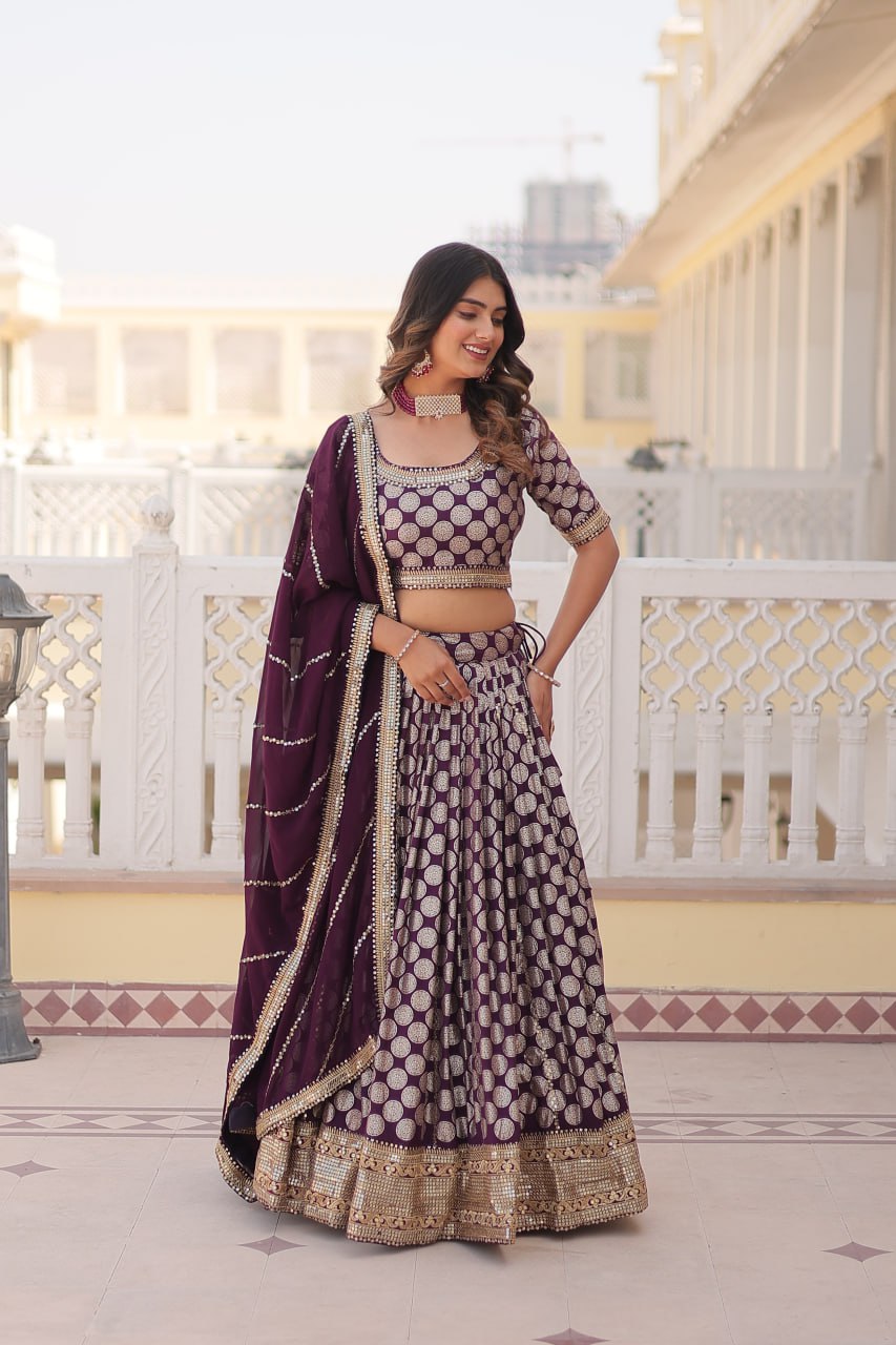 Lorenvalley Purple Pure Viscose Jacquard with Embroidered Sequins work Lehenga Choli | Grocsy