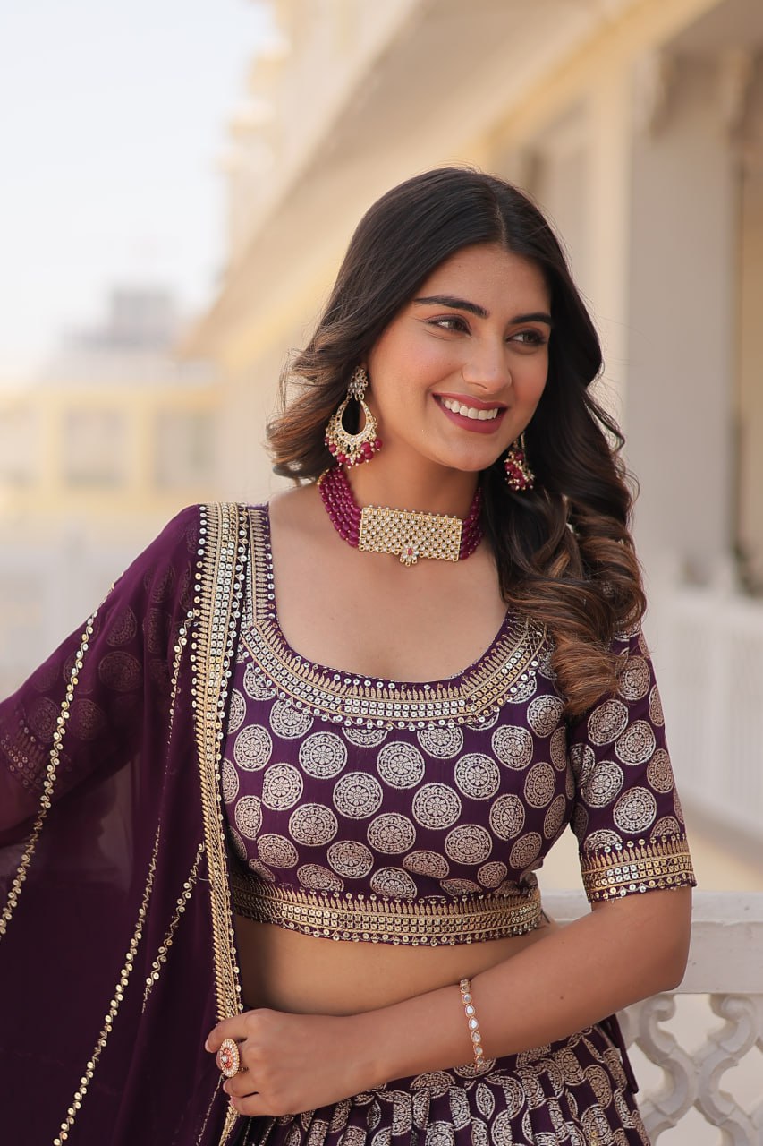 Lorenvalley Purple Pure Viscose Jacquard with Embroidered Sequins work Lehenga Choli | Grocsy