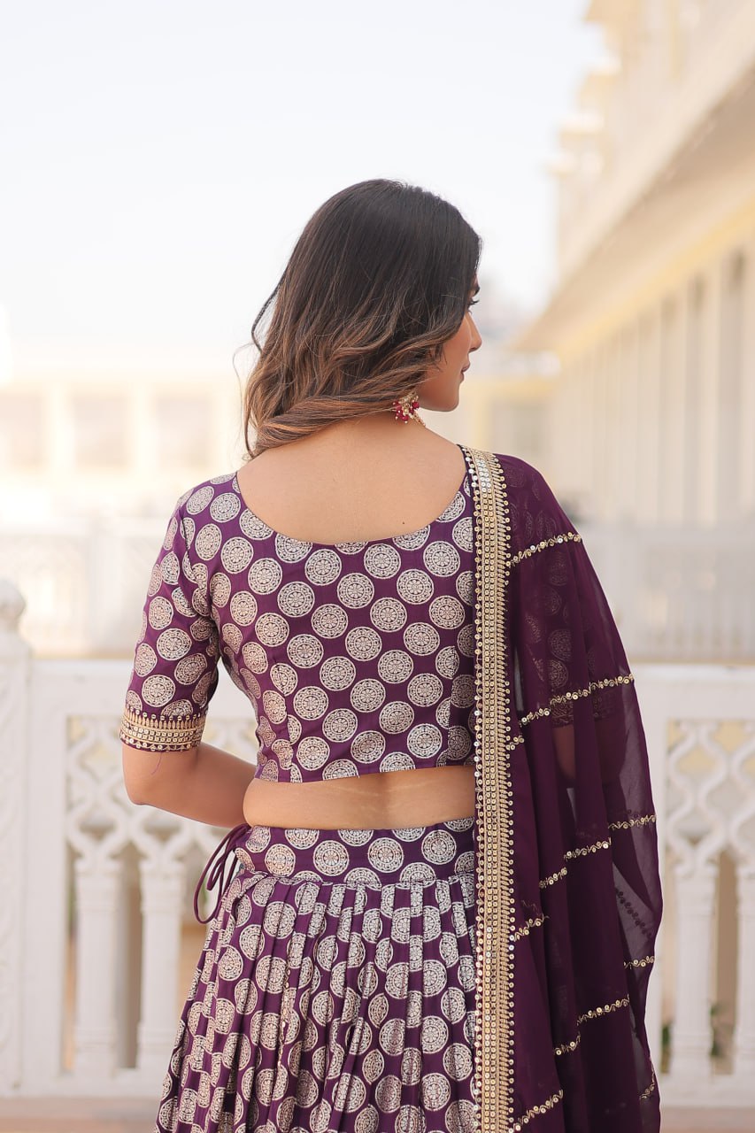 Lorenvalley Purple Pure Viscose Jacquard with Embroidered Sequins work Lehenga Choli | Grocsy