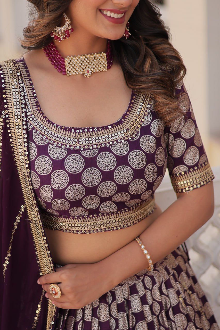 Lorenvalley Purple Pure Viscose Jacquard with Embroidered Sequins work Lehenga Choli | Grocsy