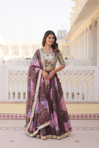 Lorenvalley Brown Russian Silk Digital Printed with Embroidered Sequins work Lehenga Choli | Grocsy