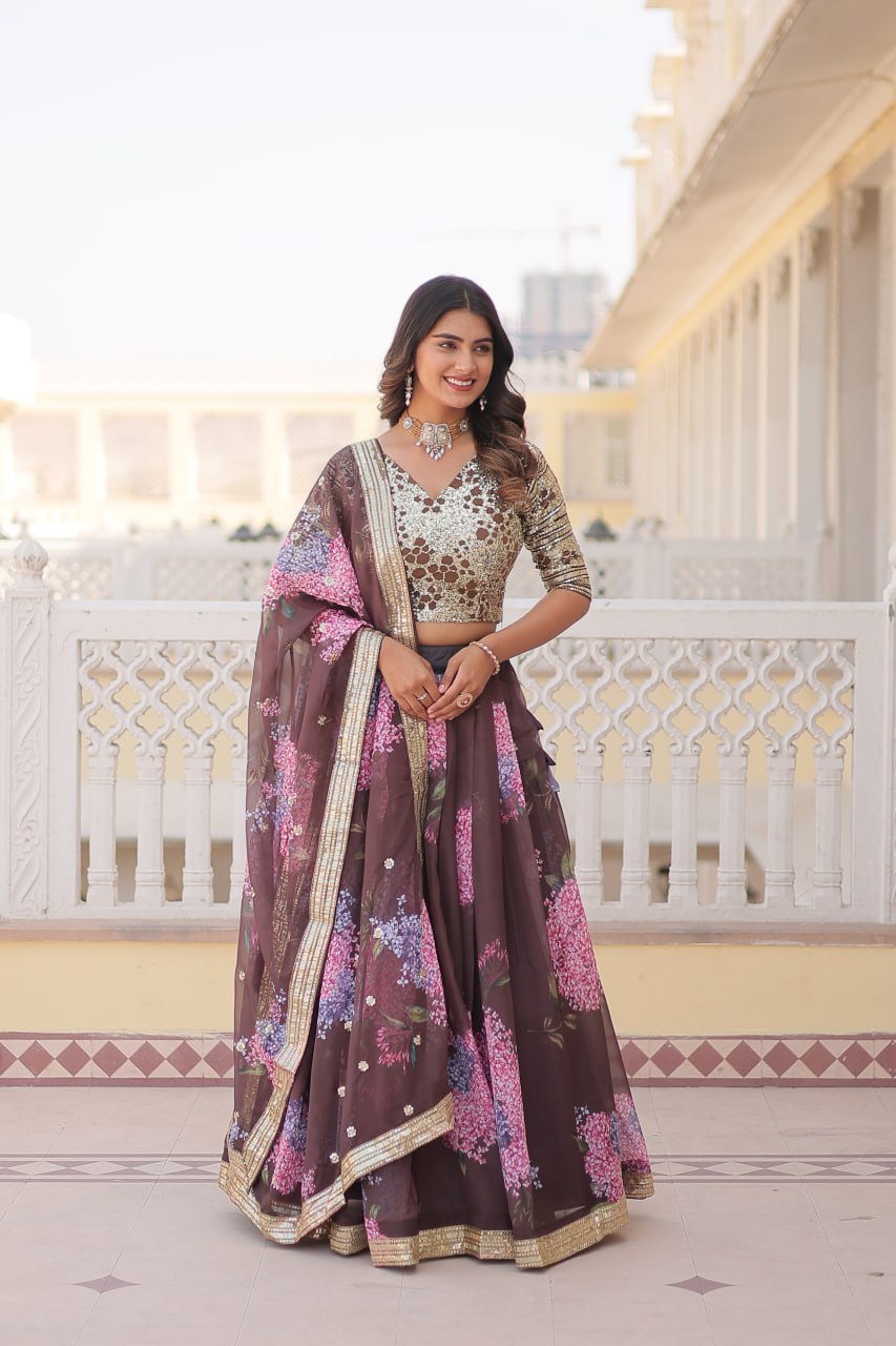 Lorenvalley Brown Russian Silk Digital Printed with Embroidered Sequins work Lehenga Choli | Grocsy