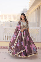 Lorenvalley Brown Russian Silk Digital Printed with Embroidered Sequins work Lehenga Choli | Grocsy