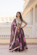 Lorenvalley Brown Russian Silk Digital Printed with Embroidered Sequins work Lehenga Choli | Grocsy