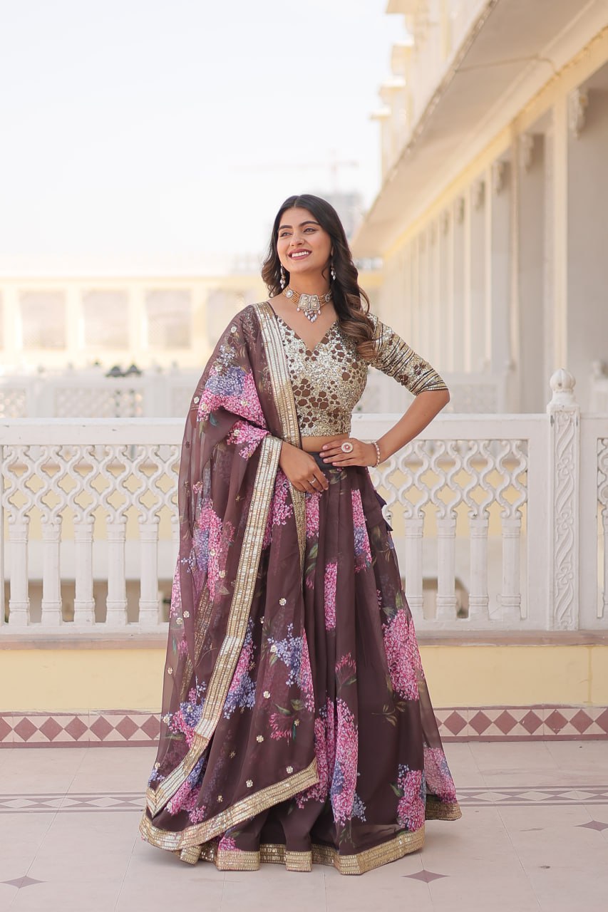 Lorenvalley Brown Russian Silk Digital Printed with Embroidered Sequins work Lehenga Choli | Grocsy