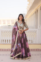 Lorenvalley Brown Russian Silk Digital Printed with Embroidered Sequins work Lehenga Choli | Grocsy