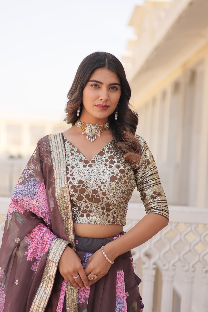 Lorenvalley Brown Russian Silk Digital Printed with Embroidered Sequins work Lehenga Choli | Grocsy