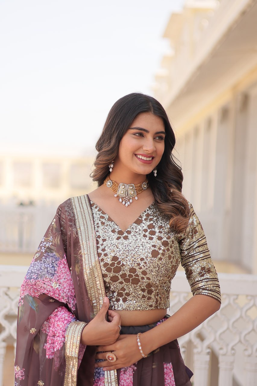 Lorenvalley Brown Russian Silk Digital Printed with Embroidered Sequins work Lehenga Choli | Grocsy