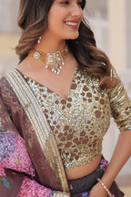 Lorenvalley Brown Russian Silk Digital Printed with Embroidered Sequins work Lehenga Choli | Grocsy