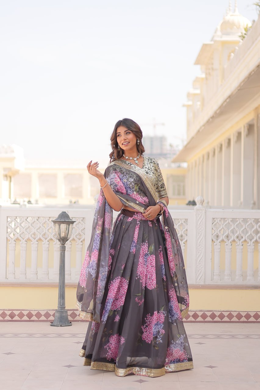 Lorenvalley Grey Russian Silk Digital Printed with Embroidered Sequins work Lehenga Choli | Grocsy