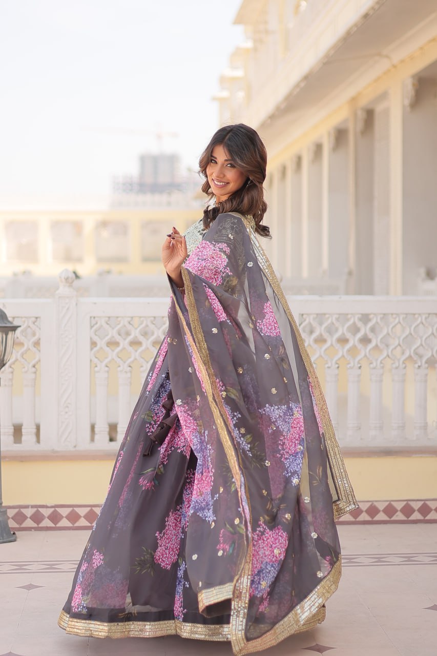 Lorenvalley Grey Russian Silk Digital Printed with Embroidered Sequins work Lehenga Choli | Grocsy