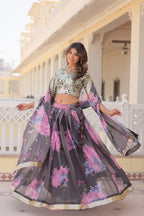 Lorenvalley Grey Russian Silk Digital Printed with Embroidered Sequins work Lehenga Choli | Grocsy