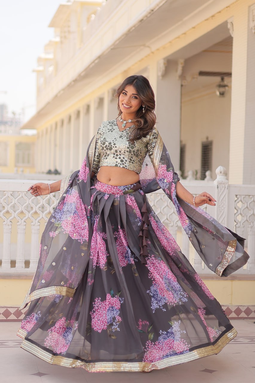 Lorenvalley Grey Russian Silk Digital Printed with Embroidered Sequins work Lehenga Choli | Grocsy