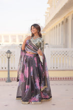 Lorenvalley Grey Russian Silk Digital Printed with Embroidered Sequins work Lehenga Choli | Grocsy