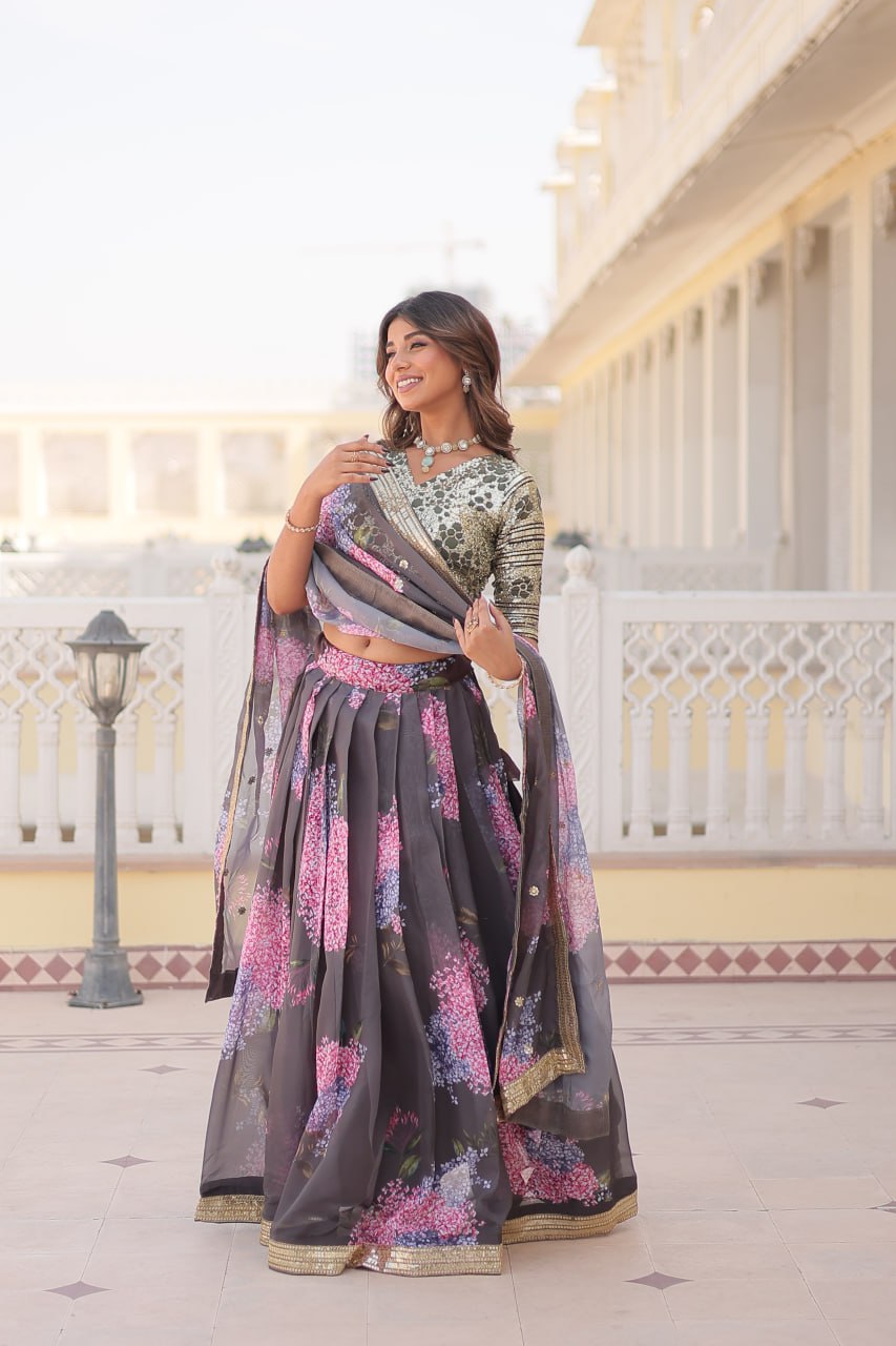 Lorenvalley Grey Russian Silk Digital Printed with Embroidered Sequins work Lehenga Choli | Grocsy
