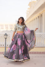 Lorenvalley Grey Russian Silk Digital Printed with Embroidered Sequins work Lehenga Choli | Grocsy