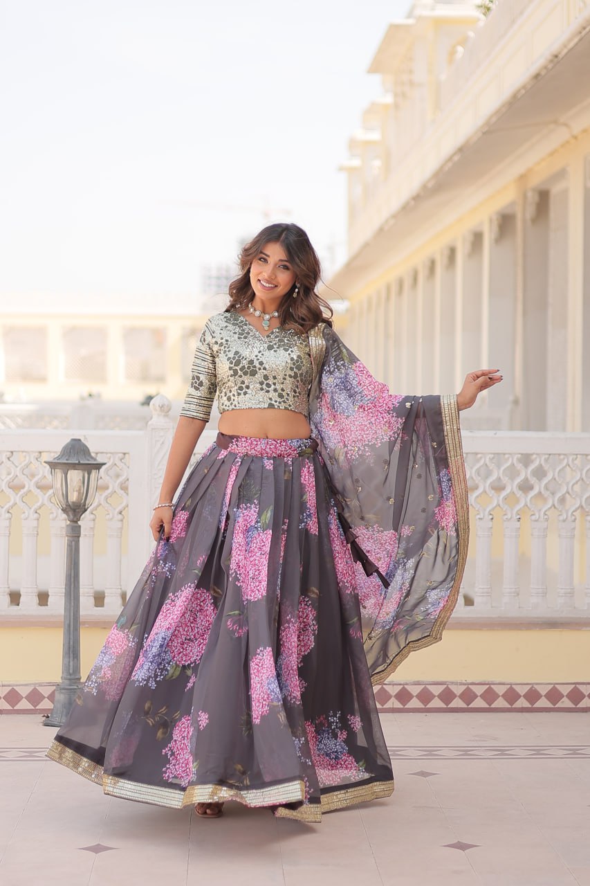 Lorenvalley Grey Russian Silk Digital Printed with Embroidered Sequins work Lehenga Choli | Grocsy