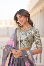 Lorenvalley Grey Russian Silk Digital Printed with Embroidered Sequins work Lehenga Choli | Grocsy