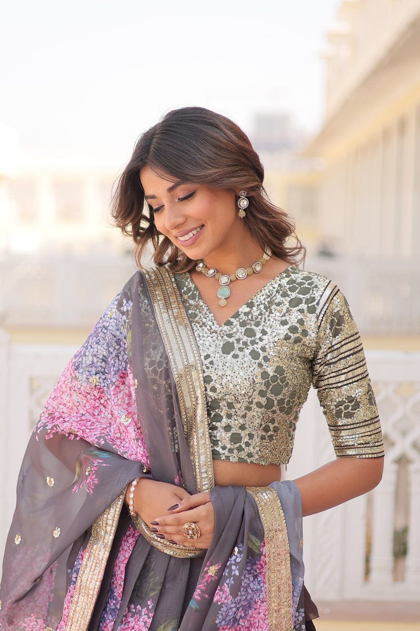 Lorenvalley Grey Russian Silk Digital Printed with Embroidered Sequins work Lehenga Choli | Grocsy