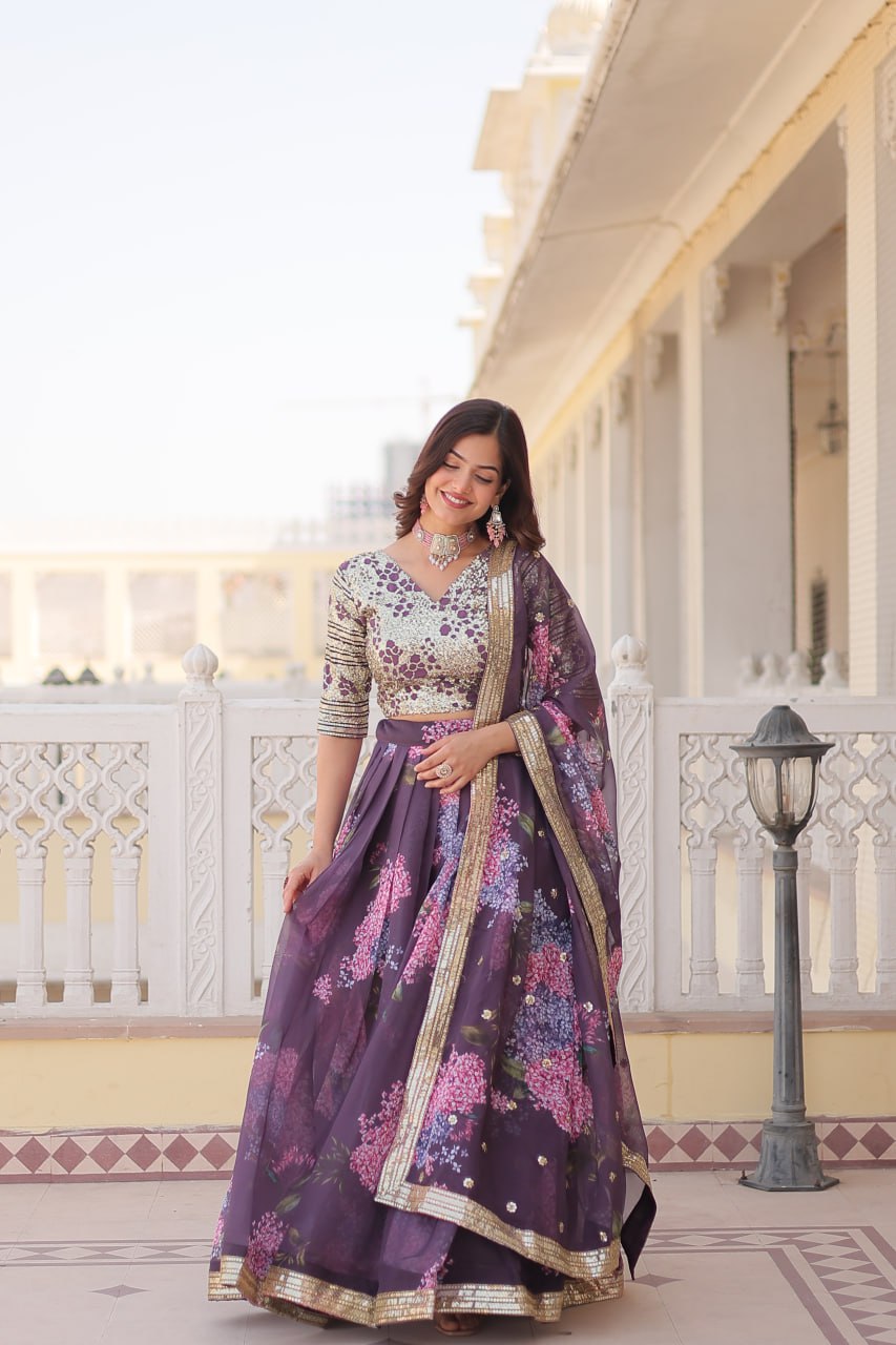 Lorenvalley Purple Russian Silk Digital Printed with Embroidered Sequins work Lehenga Choli | Grocsy