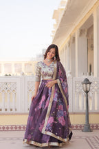 Lorenvalley Purple Russian Silk Digital Printed with Embroidered Sequins work Lehenga Choli | Grocsy