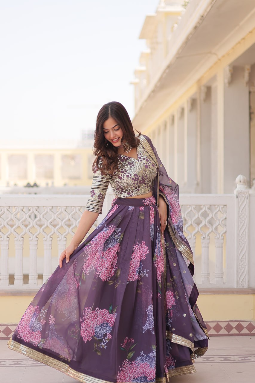 Lorenvalley Purple Russian Silk Digital Printed with Embroidered Sequins work Lehenga Choli | Grocsy