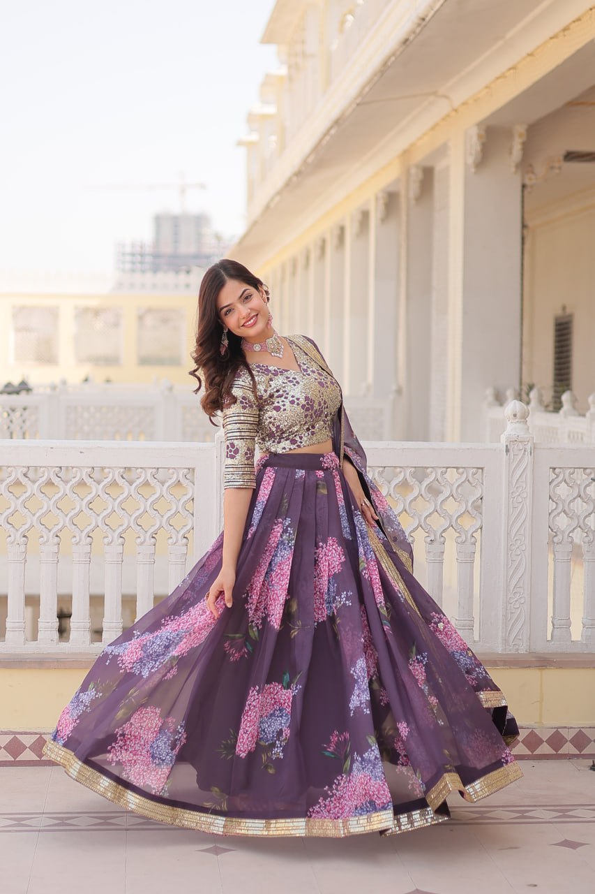 Lorenvalley Purple Russian Silk Digital Printed with Embroidered Sequins work Lehenga Choli | Grocsy