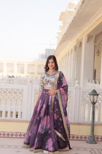 Lorenvalley Purple Russian Silk Digital Printed with Embroidered Sequins work Lehenga Choli | Grocsy