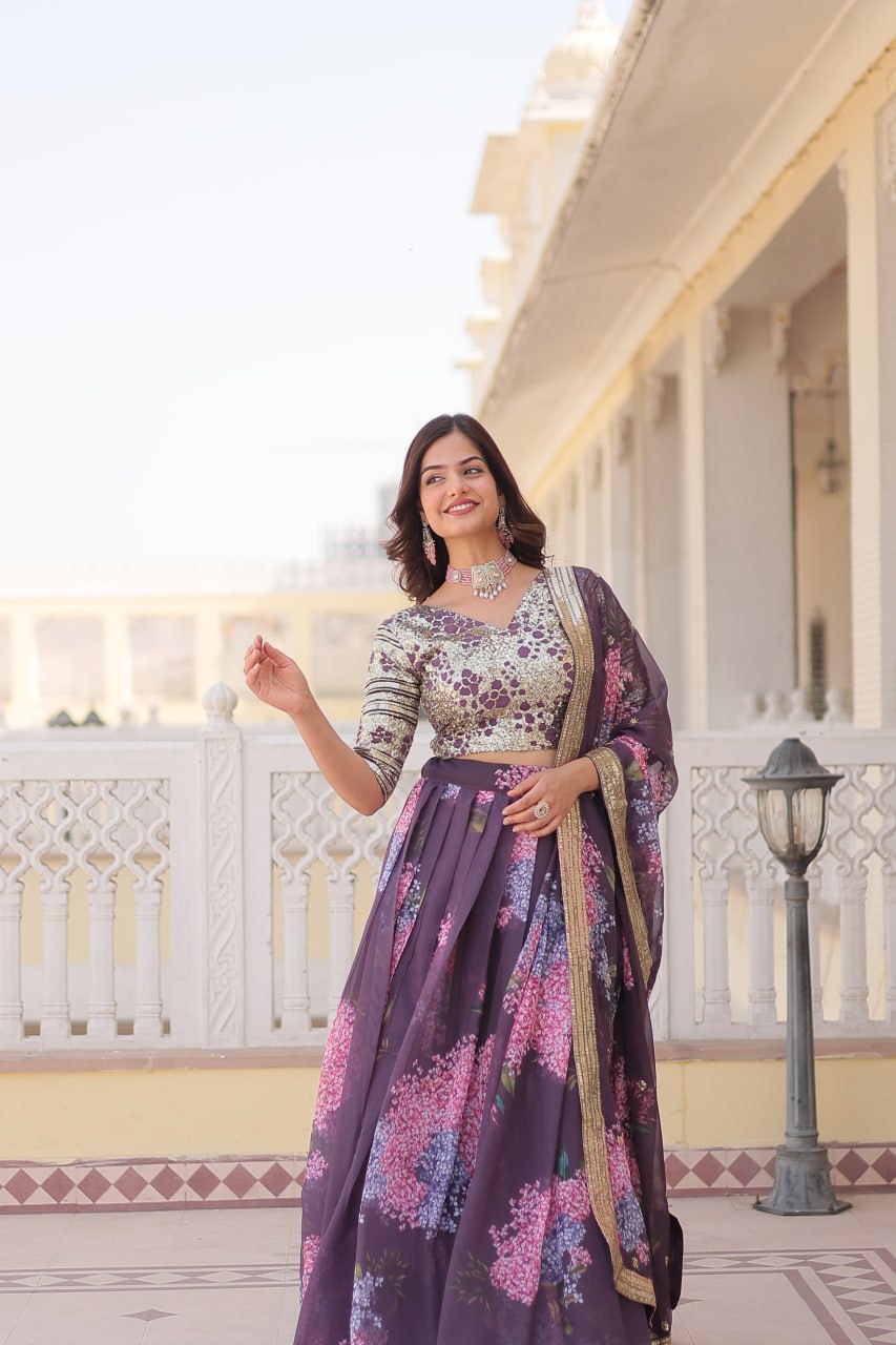 Lorenvalley Purple Russian Silk Digital Printed with Embroidered Sequins work Lehenga Choli | Grocsy