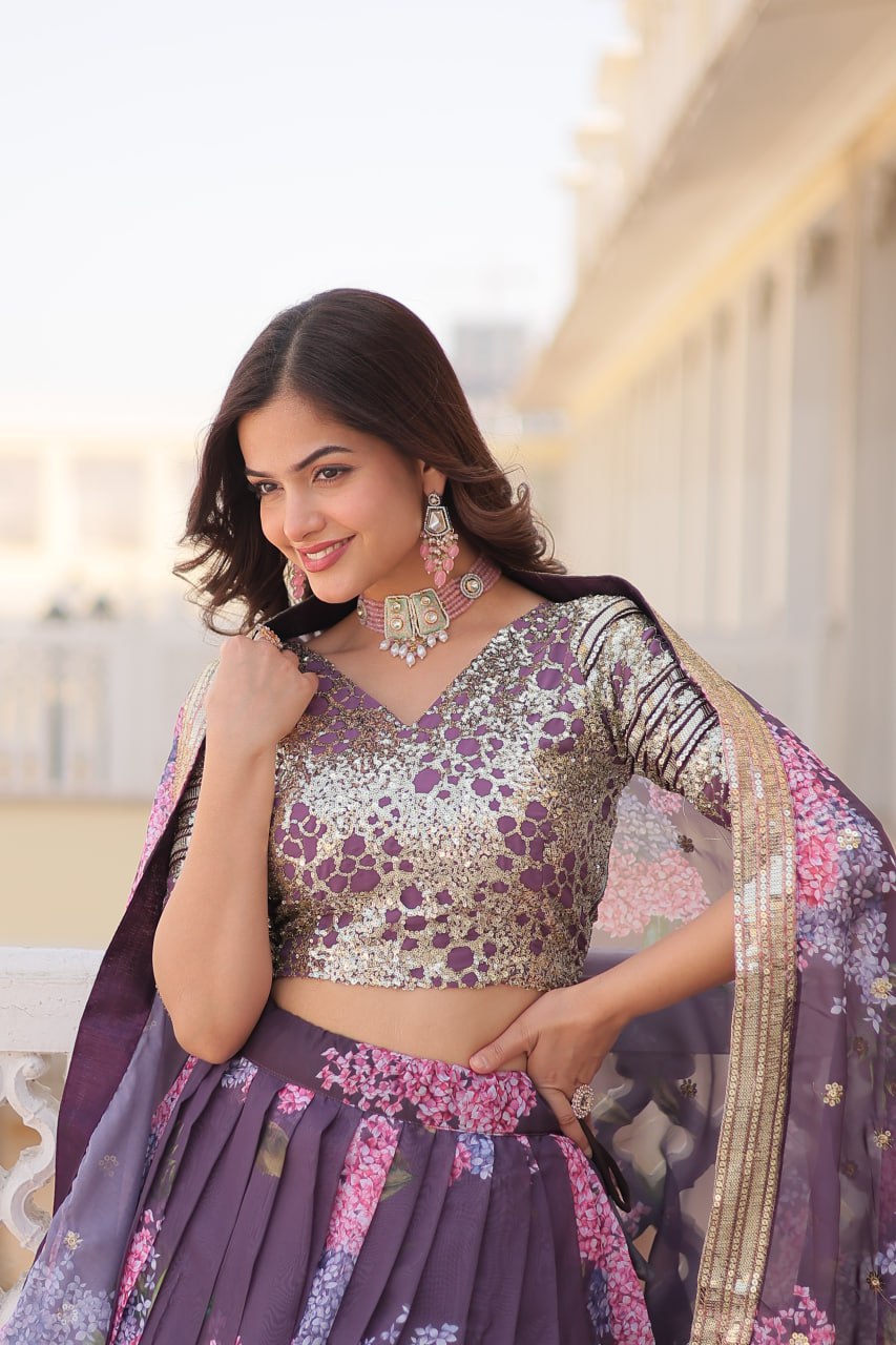Lorenvalley Purple Russian Silk Digital Printed with Embroidered Sequins work Lehenga Choli | Grocsy