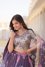 Lorenvalley Purple Russian Silk Digital Printed with Embroidered Sequins work Lehenga Choli | Grocsy