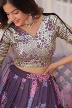 Lorenvalley Purple Russian Silk Digital Printed with Embroidered Sequins work Lehenga Choli | Grocsy