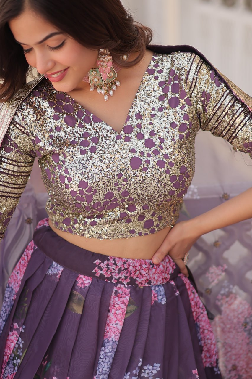 Lorenvalley Purple Russian Silk Digital Printed with Embroidered Sequins work Lehenga Choli | Grocsy