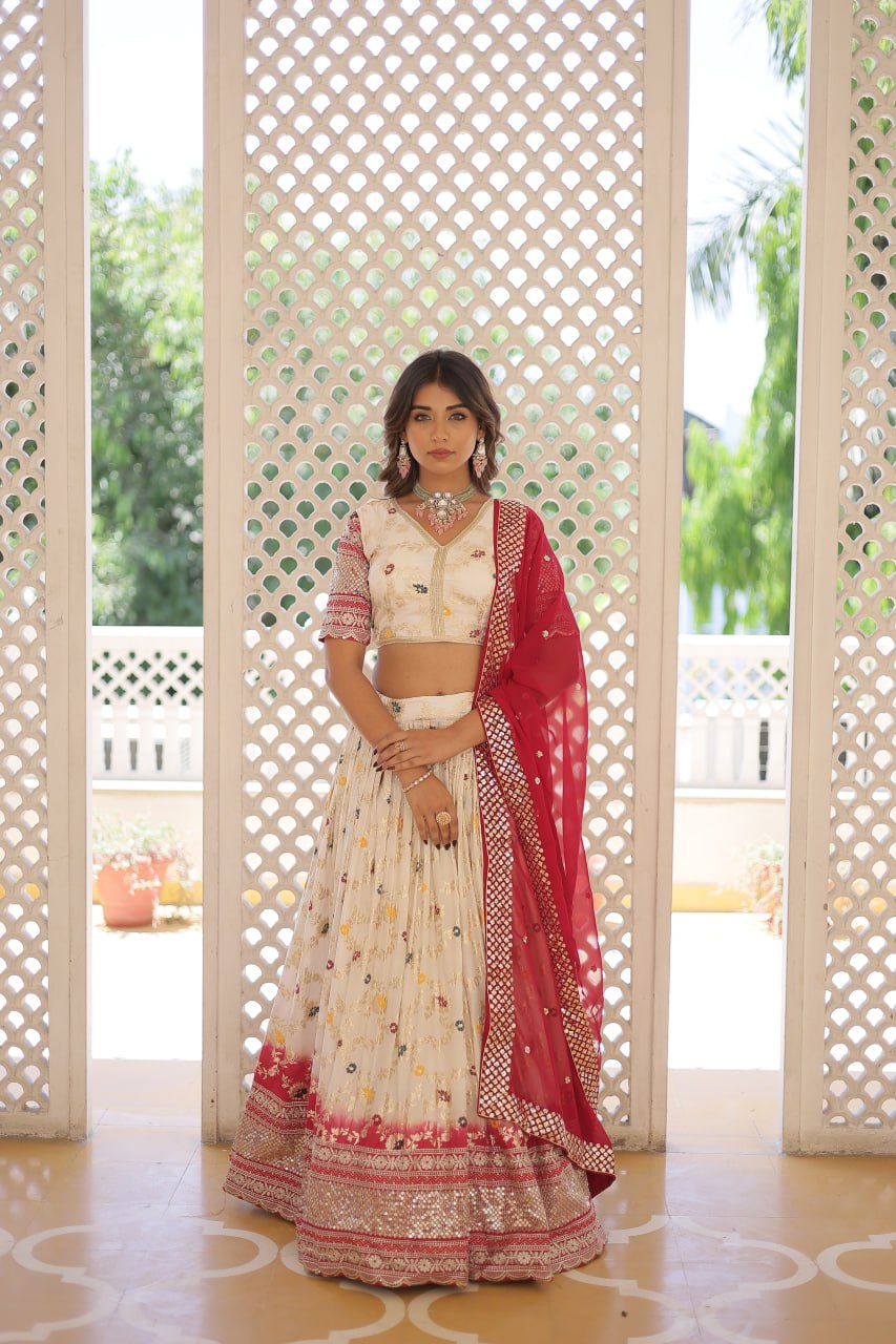 Lorenvalley Cream Pure Viscose Jacquard with 2D Dyeing and Embroidered Sequins work Lehenga Choli | Grocsy
